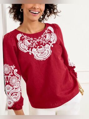 Talbots 3X Red Embroidered Linen Cotton Blouse Top 3/4 Sleeve Peasant Boho Plus